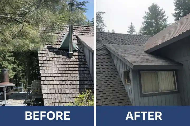 Before and after comparison of a cedar roof replaced with laminated shingles