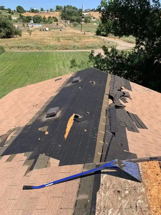 Roof on a manufactured home torn off, exposing the trusses